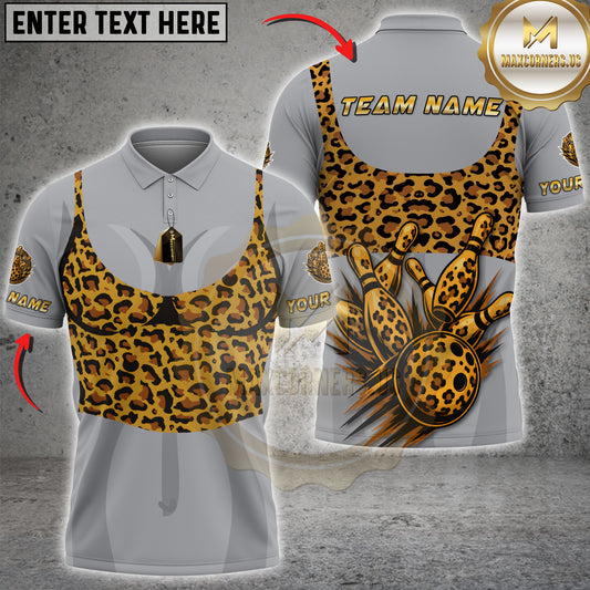 Maxcorners Bowling Leopard Print Bowling Ball & Pins Multicolor Customized Name, Team Name 3D Shirts