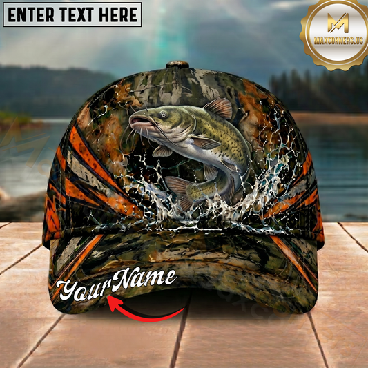 Maxcorners Fishing Woodland Camo Orange Stripe Personalized 3D Cap (12 Fish Species)
