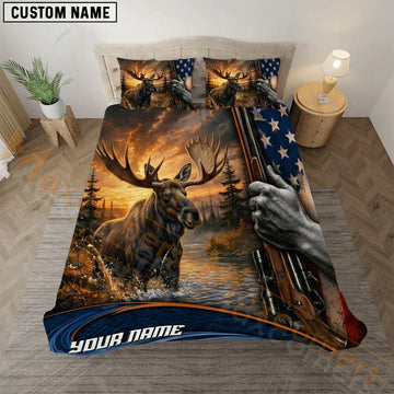 Maxcorners Moose Hunting American Flag Bedding Set 3D Print Custom Name