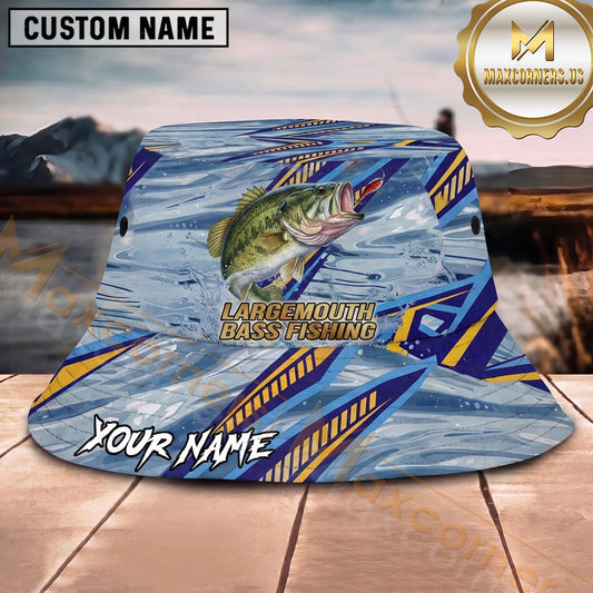 Maxcorners Fishing Blue Geometric Water Splash Personalized Name 3D Bucket Hat (12 Fish Species)