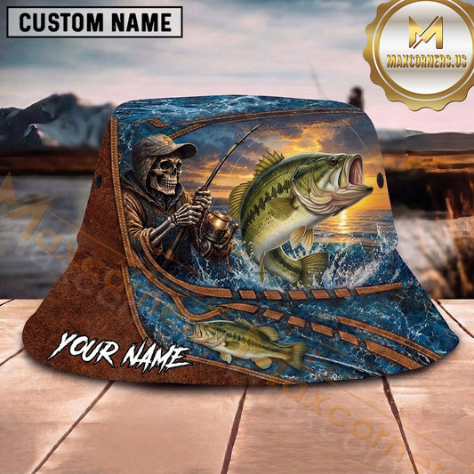Maxcorners Fishing Lightning Storm Fishing Scene with Dramatic Effect Personalized Name 3D Bucket Hat (13 Fish Species)