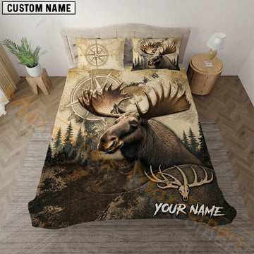 Maxcorners Moose Hunting Brown Compass Bedding Set 3D Print Custom Name