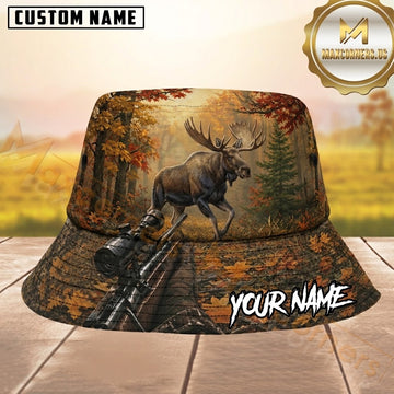 Maxcorners Moose Hunting Autumn Forest Personalized Name 3D Bucket Hat