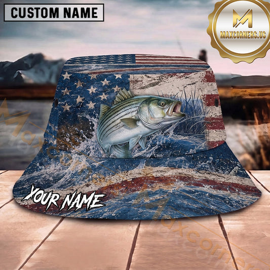Maxcorners Fishing Patriotic Fishing Flag with Dynamic Water Personalized Name 3D Bucket Hat (13 Fish Species)