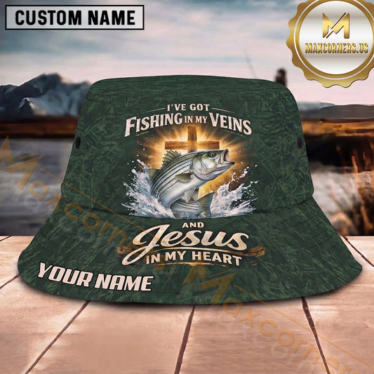 Maxcorners Fishing Sunset Fishing Scene with Bold Angler Personalized Name 3D Bucket Hat (13 Fish Species)