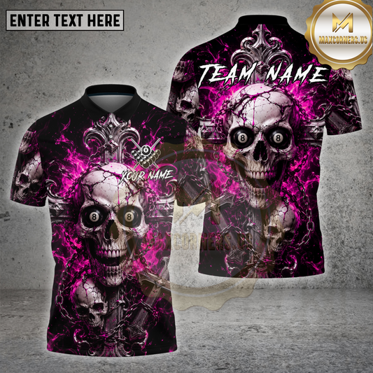 Maxcorners Billiards Gothic Skull Blue Flame 8 Ball Multicolor Options Personalized Name, Team Name 3D Shirt (4 Colors)