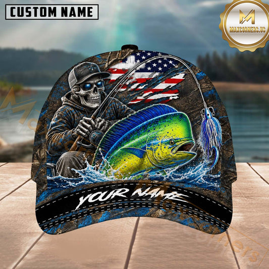 Maxcorners Fishing Skull Fisherman American Flag Personalized 3D Cap