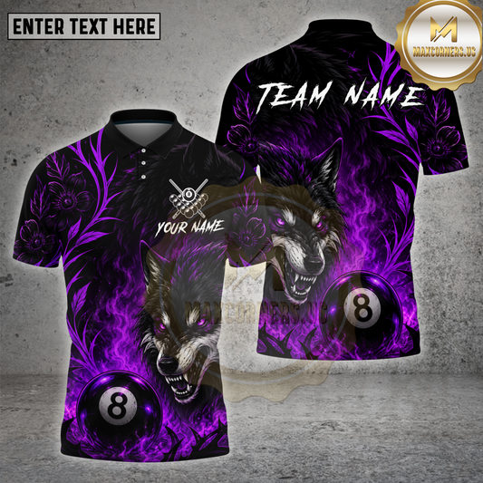 Maxcorners Billiards Purple Wolf Neon 8 Ball Multicolor Options Personalized Name, Team Name 3D Shirt (4 Colors)