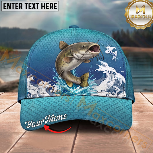 Maxcorners Fishing Japanese Wave Artwork Personalized Name 3D Cap (12 Fish Species)