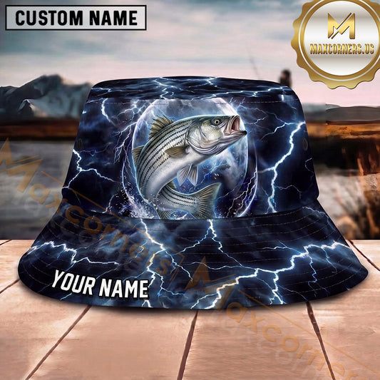 Maxcorners Fishing Blue Lightning Fishing Scene with Dramatic Storm Personalized Name 3D Bucket Hat (13 Fish Species)