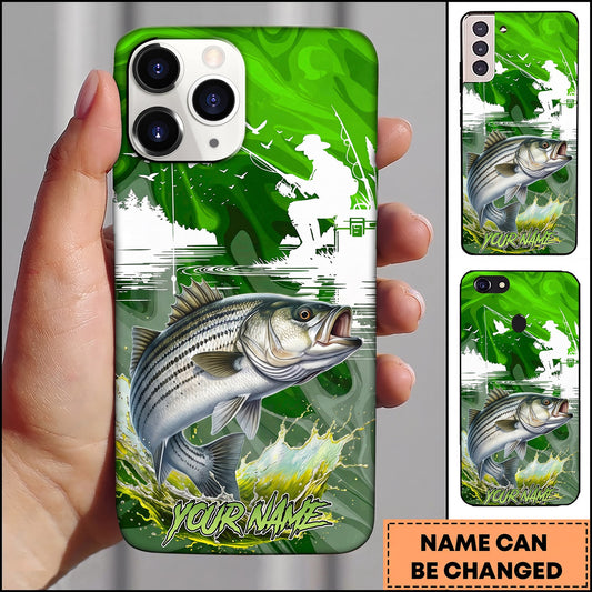 Maxcorners Fishing Vintage Green Neon Fishing Scene with Silhouette Angler and Dynamic Water Splash Personalized Name Phone Case (13 Fish Species)