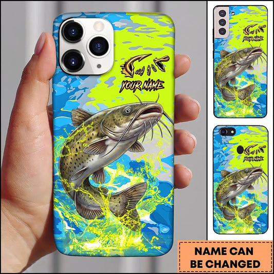 Maxcorners Neon Blue Lime Camo Splash Personalized Name Phone Case (13 Fish Species)