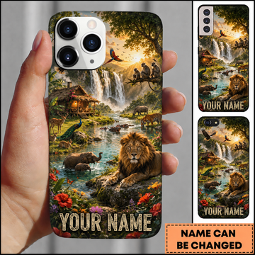 Maxcorners Hunting King Lion Wildlife Kingdom Tropical Rainforest Sunset Waterfall Customized Name Phone Case