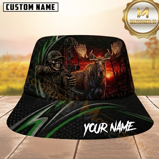 Maxcorners Moose Skeleton Bow Sunset Green Striped Personalized Name 3D Bucket Hat
