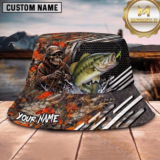 Maxcorners Fishing Red Camo Fishing Scene with Dynamic Splash Personalized Name 3D Bucket Hat (13 Fish Species)