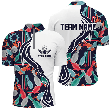 Maxcorners Bowling Pattern Custom Name Zipper Polo Shirt