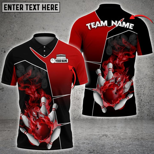 Maxcorners Bowling Ball And Pins Smoky Fire Sport Jersey Multicolor Option Customized Name, Team Name 3D Polo Shirt (4 Colors)