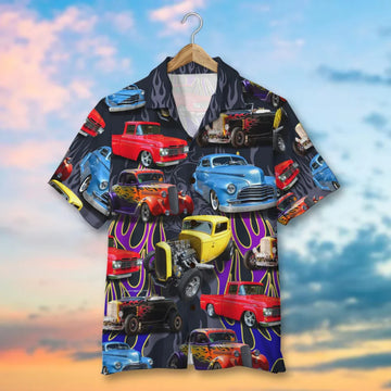Maxcorners Personalized Hot Rod Car Hawaiian Shirt, Flame Pattern Gift for Hot Rod Lovers, Custom Photo Car Aloha Shirts (Up to 5 photos)