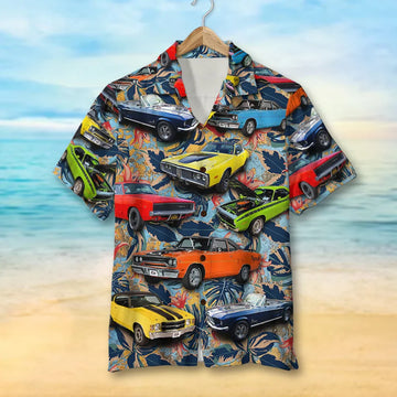 Maxcorners Personalized Muscle Car Hawaiian Shirt, Red Flowers Pattern Custom Photo Car Aloha Shirts (Up to 5 photos)