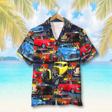 Maxcorners Personalized Hot Rod Car Hawaiian Shirt, Car Flame Island Pattern, Custom Photo Car Aloha Shirts (Up to 5 photos)