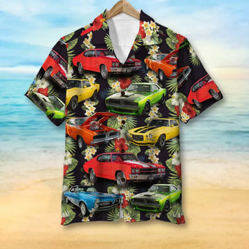Maxcorners Personalized Muscle Car Hawaiian Shirt, Seamless Floral Custom Photo Car Aloha Shirts (Up to 5 photos)