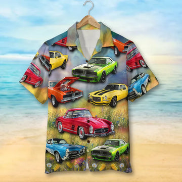 Maxcorners Personalized Muscle Car Hawaiian Shirt, Flower Field Pattern Custom Photo Car Aloha Shirts (Up to 5 photos)