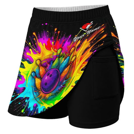 Maxcorners Customized Bowling Trouser Skirts With Shorts Underneath, Bowling Rainbow Bowling Blast Colorful Skorts With Pockets