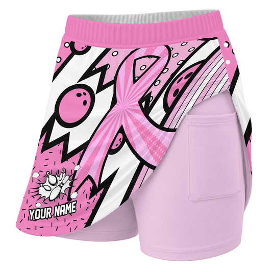 Maxcorners Customized Bowling Trouser Skirts With Shorts Underneath, Bowling Pink Ribbon Comic Style Skorts With Pockets