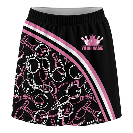 Maxcorners Customized Bowling Trouser Skirts With Shorts Underneath, Black Pink Bowling Pattern Skorts With Pockets