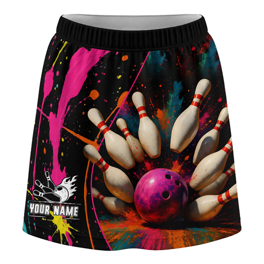 Maxcorners Customized Bowling Trouser Skirts With Shorts Underneath, Bowling Multicolor Splash Skorts With Pockets