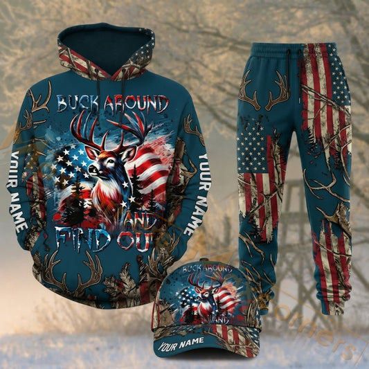 Maxcorners Hunting Patriotic Deer Skull American Flag Camo Personalized 3D Shirts
