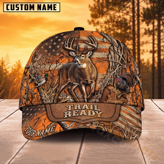 Maxcorners Whitetail Deer Hunting Orange Camo American Flag Trail Ready Personalized Name 3D Cap