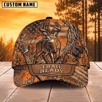 Maxcorners Whitetail Deer Hunting Orange Camo American Flag Trail Ready Personalized Name 3D Cap