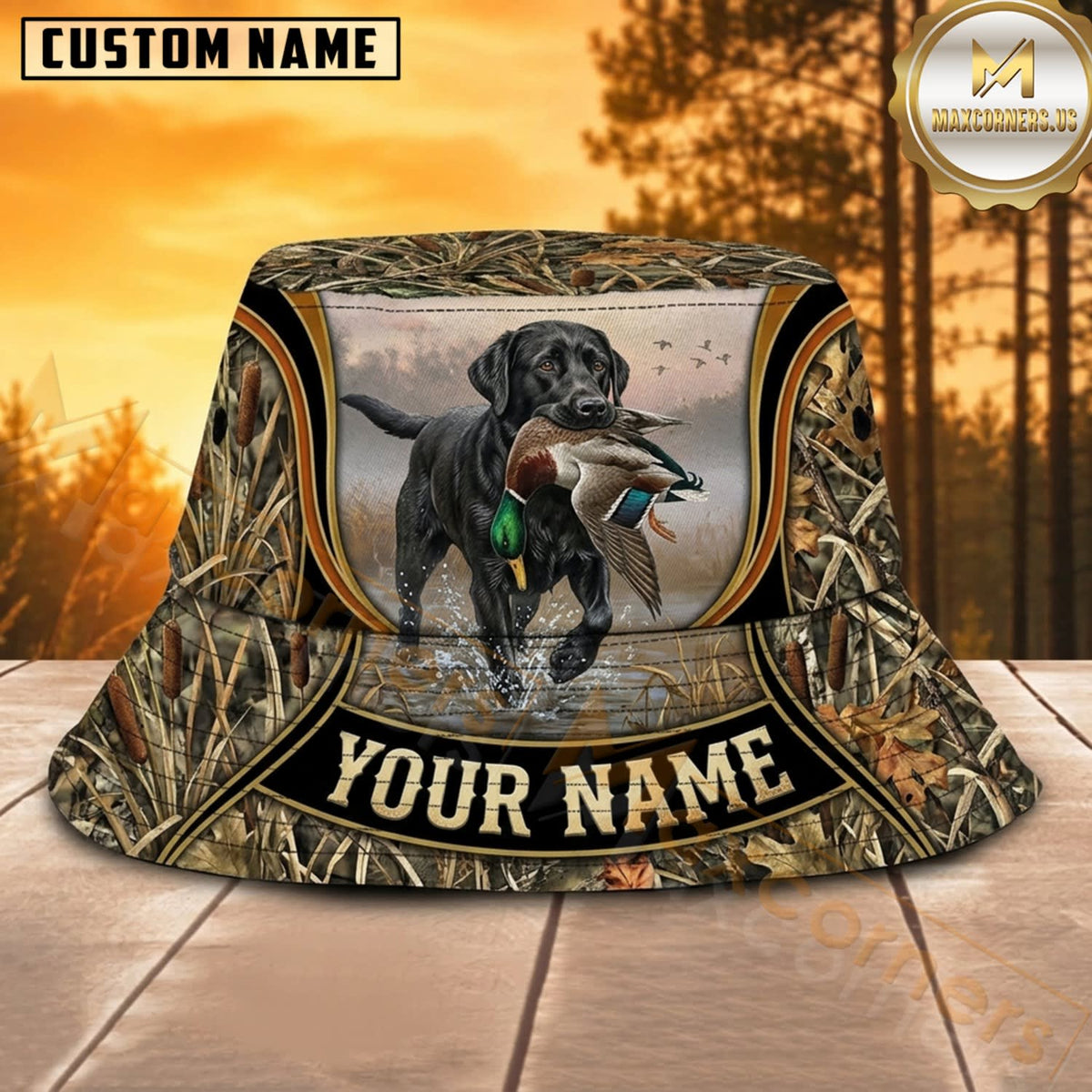 Maxcorners Duck Hunting Labrador Gold Antler Frame Personalized Name 3D Bucket Hat