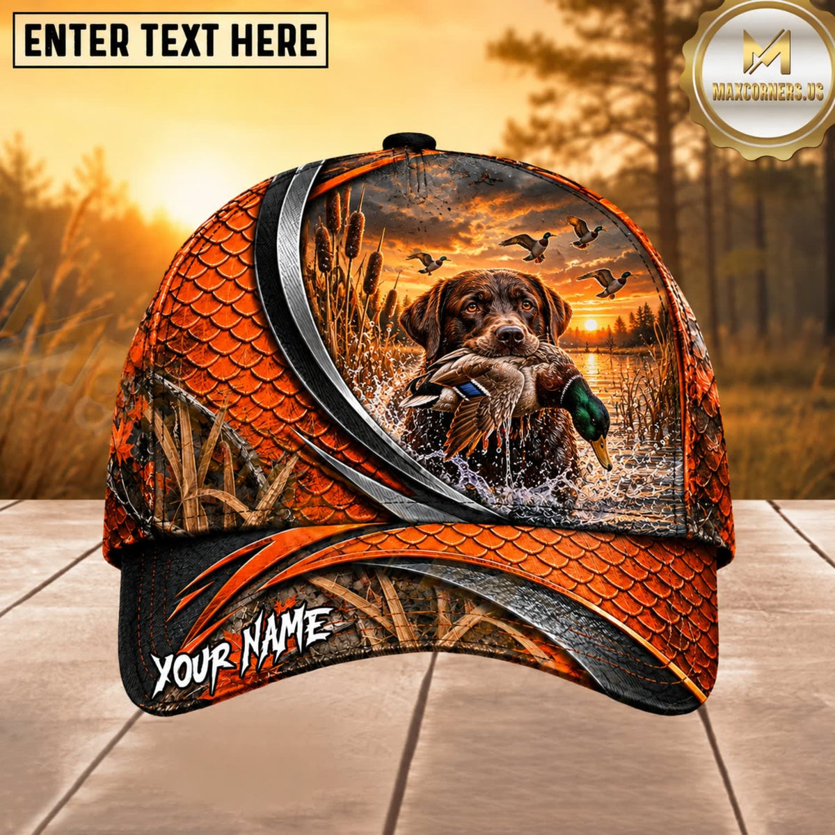 Maxcorners Dog Hunting And Duck Orange Black Curved Stripe Marsh Sunset Scene Multiple Options Personalized Name 3D Cap