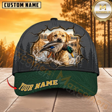 Maxcorners Dog Hunting And Duck Cracked Wall Forest Green Brim Personalized Name 3D Cap