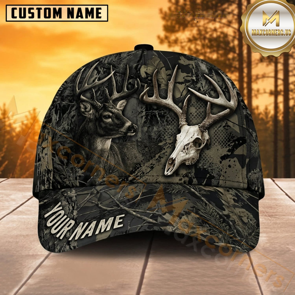 Maxcorners Deer Hunting Whitetail Buck Dark Forest Buck and Skull Camo Customized Name 3D Cap