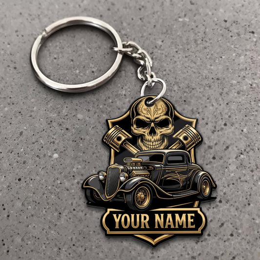Maxcorners Hot Rod Black Gold Vintage Roadster with Skull and Crossed Pistons Personalized Name 3D Keychain And Ornament