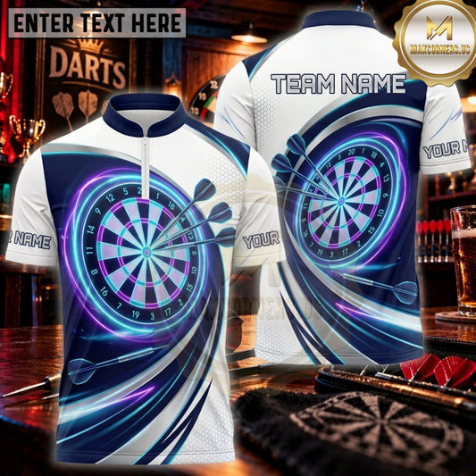 Maxcorners Darts White Navy Blue Swirl Dartboard Personalized Name 3D Unisex Shirt