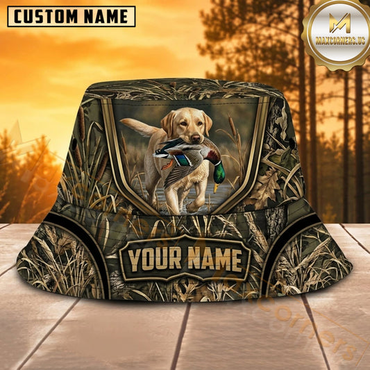 Maxcorners Labrador Hunting Vintage Woodland Emblem Personalized Name 3D Bucket Hat
