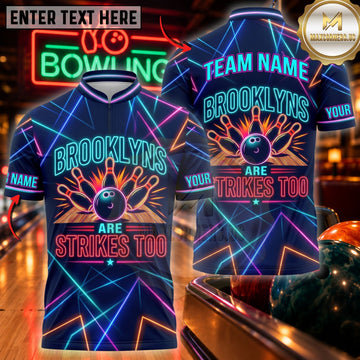Maxcorners Bowling Neon Retro Grid Pins Strike Slogan Jersey Customized Name, Team Name 3D Shirts