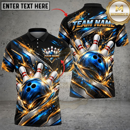 Maxcorners Bowling Metallic Dynamic Curved Waves Energy Motion Pins Strike Artwork Multicolor Customized Name, Team Name 3D Shirts