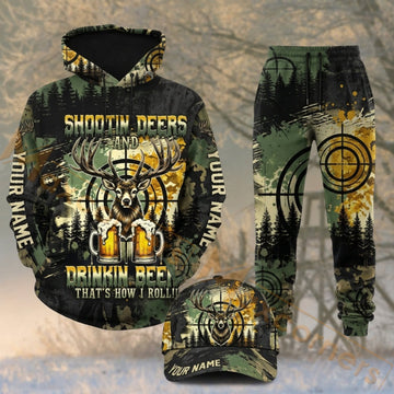 Maxcorners Hunting Shootin Deers Drinkin Beers Buck Antlers Camo Personalized 3D Combo Hoodie, Sweatpants Set & Cap