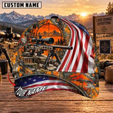Maxcorners Long Range Shooting Blaze Orange Sunset Sniper Personalized Name 3D Cap