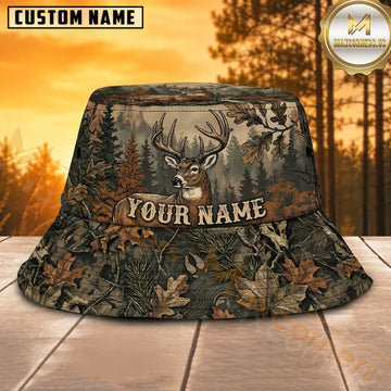 Maxcorners Deer Hunting Autumn Leaf Antler Personalized Name 3D Bucket Hat