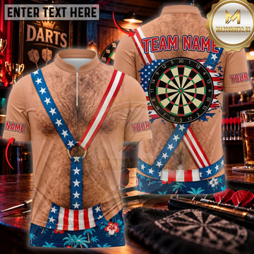 Maxcorners Darts Funny Hairy Chest American Flag Necktie Classic Dartboard Personalized Name 3D Unisex Shirt