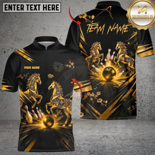 Maxcorners Bowling Black Gold Horse Multicolor Customized Name, Team Name 3D Shirts