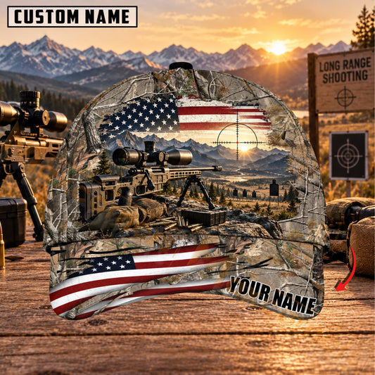 Maxcorners Long Range Shooting Vintage American Flag Marksman Personalized Name 3D Cap