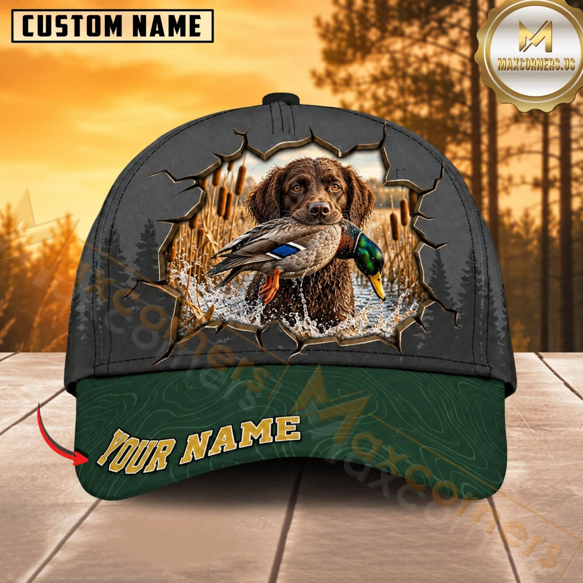 Maxcorners Dog Hunting And Duck Cracked Wall Forest Green Brim Personalized Name 3D Cap