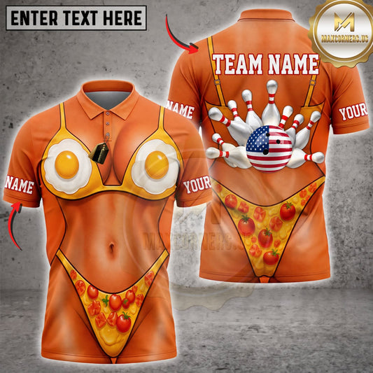 Maxcorners Bowling Funny Orange Bikini Body American Flag Bowling Pins Personalized Name 3D Unisex Shirt